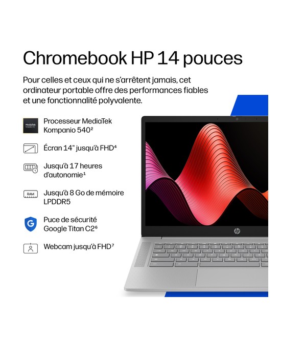 HP Chromebook 14 Clamshell Finley 26C1 MediaTek Kompanio 540 MT8189 (8C) 4GB 6400 LPDDR5 on-board 128GB UFS Mediatek DM0J0EA#ABF