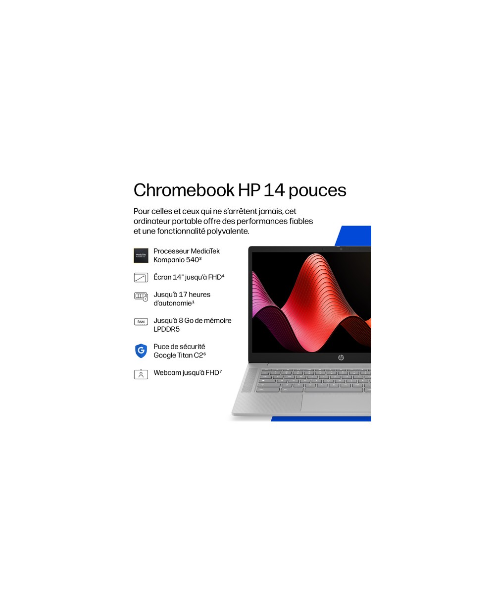 HP Chromebook 14 Clamshell Finley 26C1 MediaTek Kompanio 540 MT8189 (8C) 4GB 6400 LPDDR5 on-board 128GB UFS Mediatek DM0J0EA#ABF