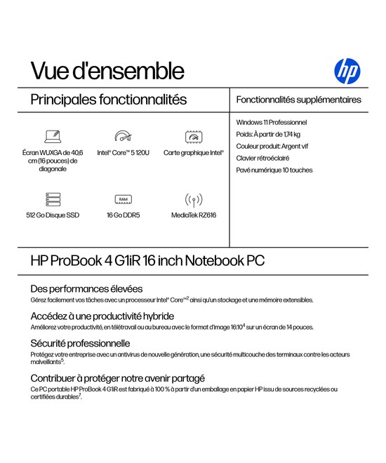 HP PC portable Intel Core 5 120U / jusqu'à 5 GHz D96QDAT#ABF