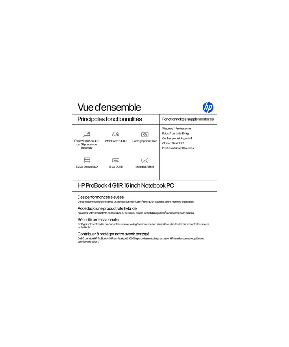 HP PC portable Intel Core 5 120U / jusqu'à 5 GHz D96QDAT#ABF